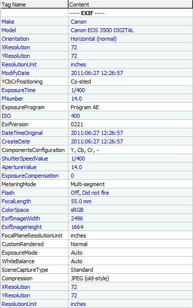 Sample EXIF data for a photograph